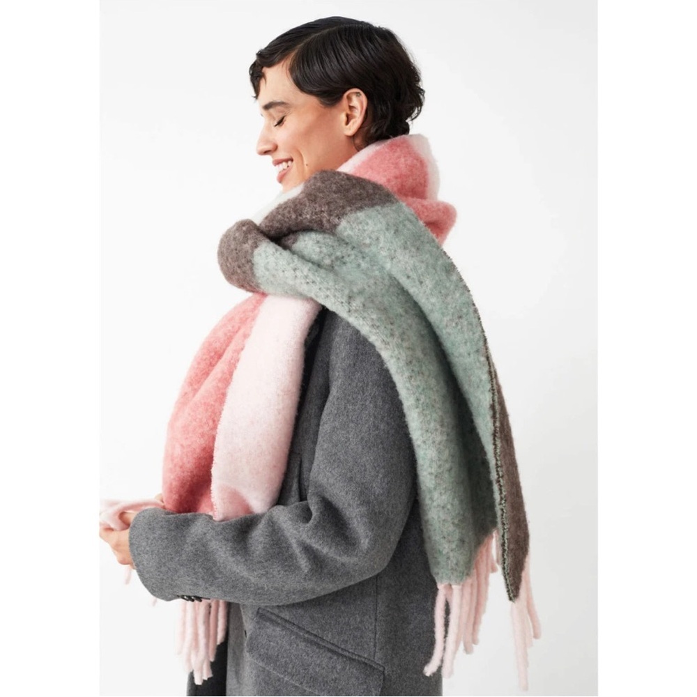 & Other Stories Oversized Colorblock Wool Scarf in Pink, Mint & Brown